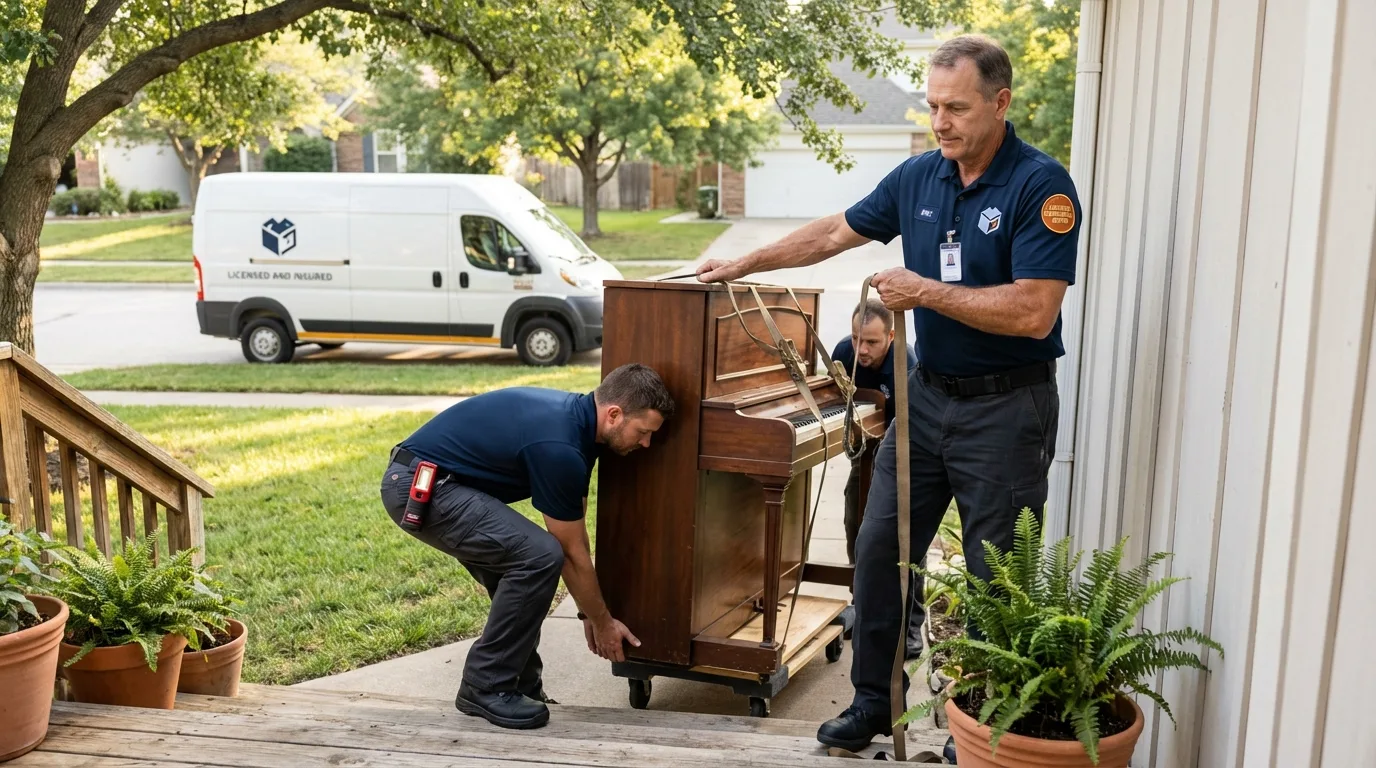 Licensed piano movers securing grand piano in Waterford, PA