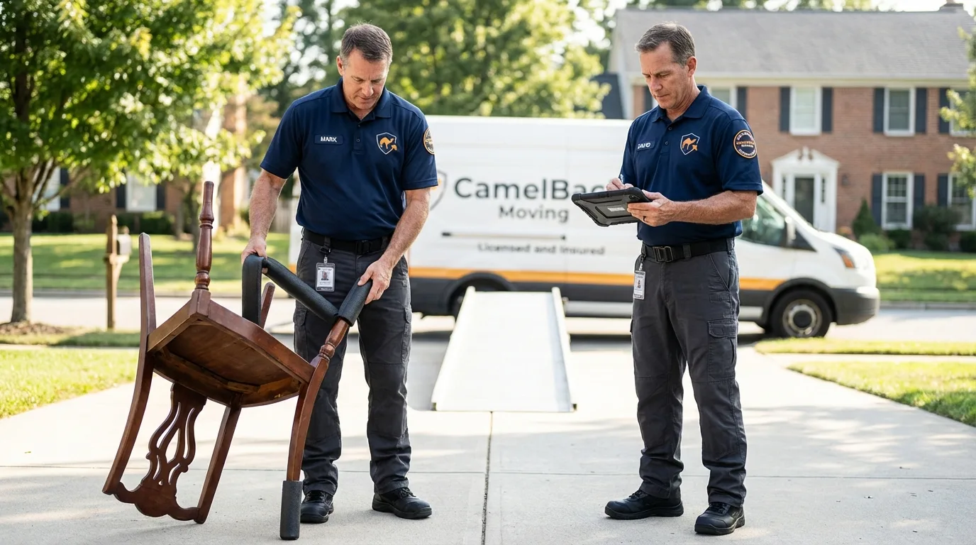 Movers inspecting furniture for damage prevention before loading in Waterford, PA