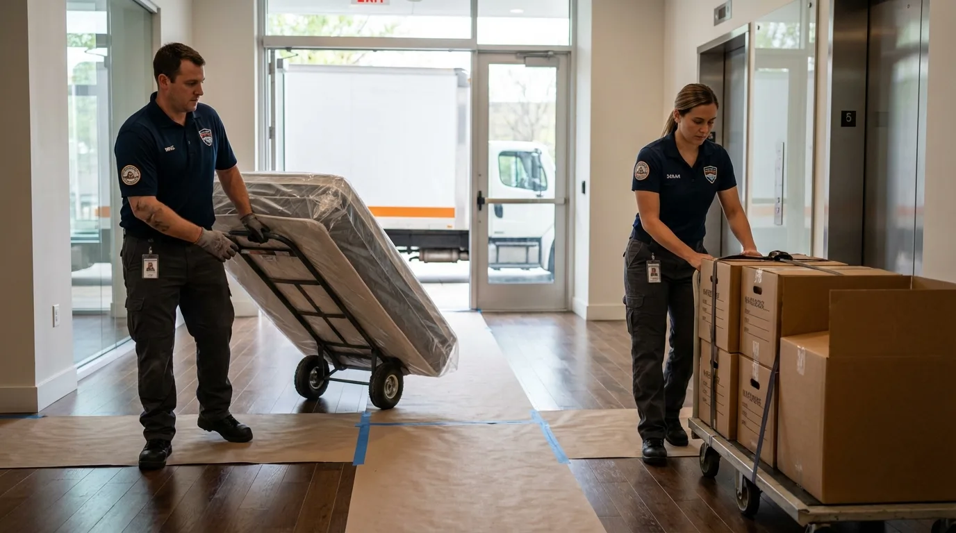 Professional apartment movers loading elevator in Waterford, PA