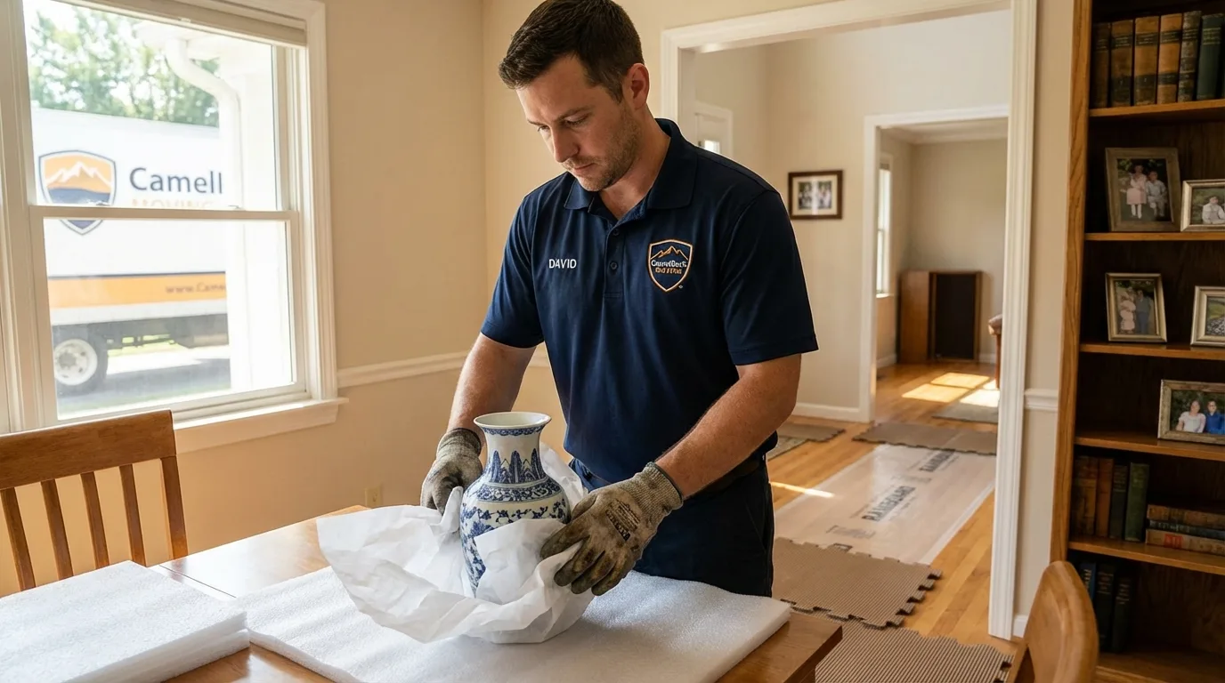 Professional crew carefully wrapping antique vase for senior downsizing move in Waterford, PA